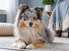 Blue merle dog with one blue eye and one brown eye looking at the camera