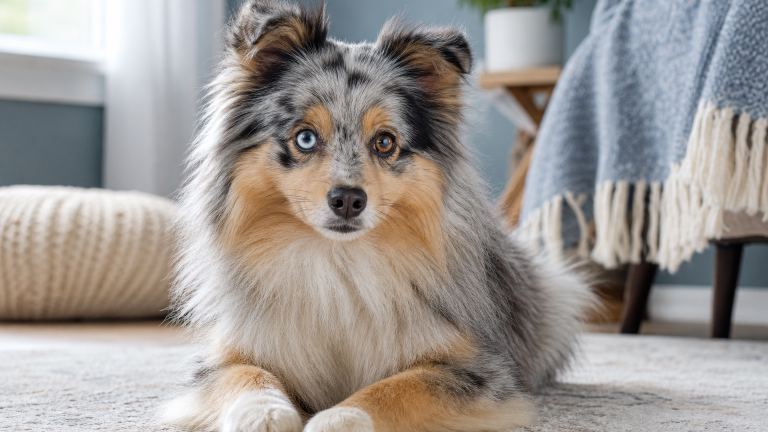 Blue merle dog with one blue eye and one brown eye looking at the camera