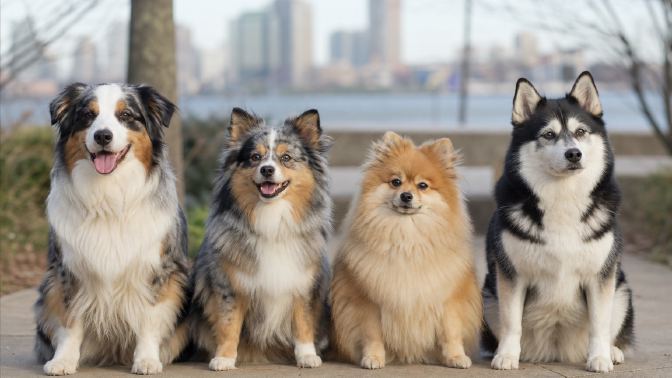 Several small fluffy dogs of different builds sitting in a row at a park