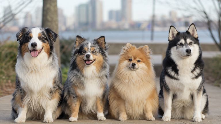 Several small fluffy dogs of different builds sitting in a row at a park