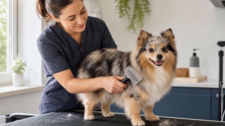 An Aussie Pom being brushed on a grooming table