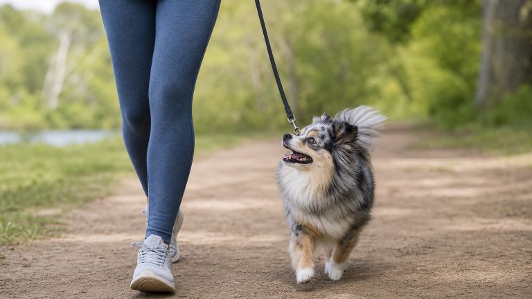 Small merle mixed-breed dog trotting beside its owner on a park trail