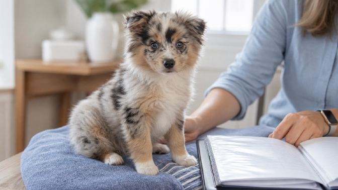 A merle Aussie Pom puppy sitting on a towel beside a folder of veterinary records