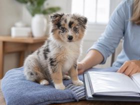 A merle Aussie Pom puppy sitting on a towel beside a folder of veterinary records