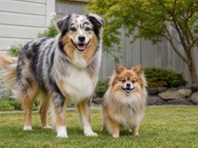 Two fluffy mixed-breed dogs of noticeably different sizes standing together on grass