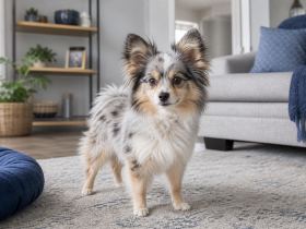 Alert small fluffy dog standing in a living room with ears raised