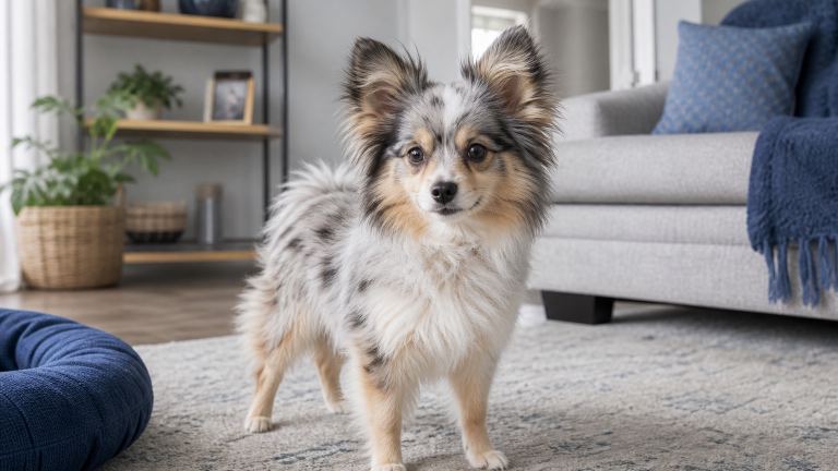 Alert small fluffy dog standing in a living room with ears raised