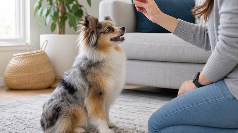 Fluffy small dog sitting attentively in front of a person holding a treat