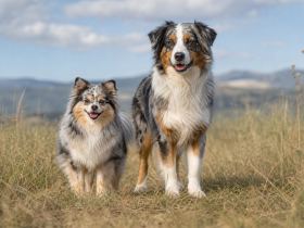 An adult Australian Shepherd standing beside a smaller fluffy merle mixed-breed dog in a field