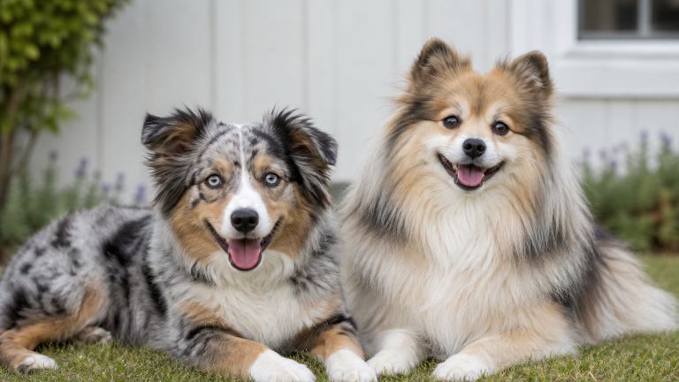 A small merle herding-type dog lying in grass beside a fluffier spitz-type mixed dog