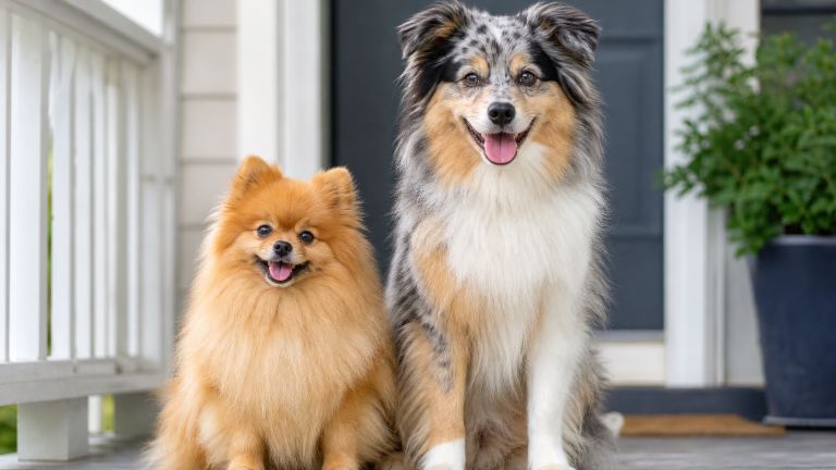 A small orange Pomeranian sitting next to a larger fluffy merle mixed-breed dog on a porch