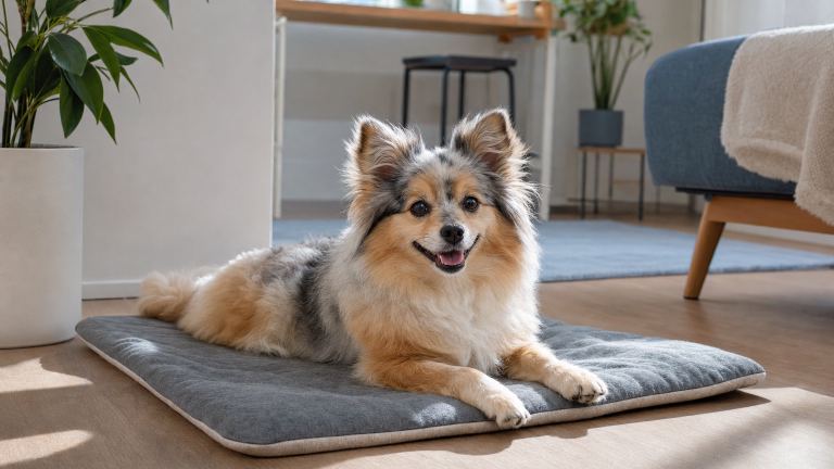 Fluffy little dog resting on a mat in a small sunlit apartment