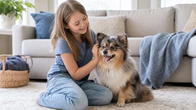 Seated child gently petting a small fluffy dog on a living room rug
