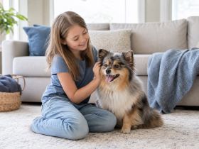 Seated child gently petting a small fluffy dog on a living room rug