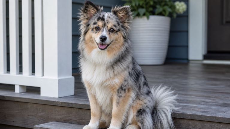 Small merle-coated dog with a plumed tail sitting on a wooden porch step
