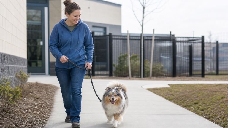 volunteer walking a small fluffy mixed-breed dog outside a shelter