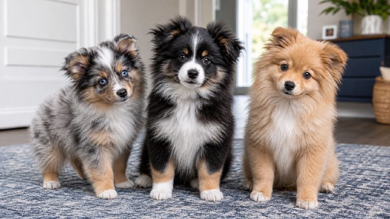 Three Aussie Pom littermates with visibly different coats and markings