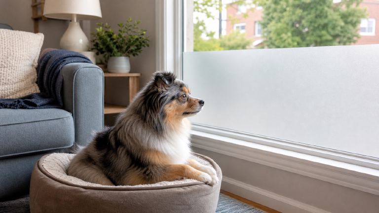 Frosted window film on the lower half of a living room window with a dog bed nearby