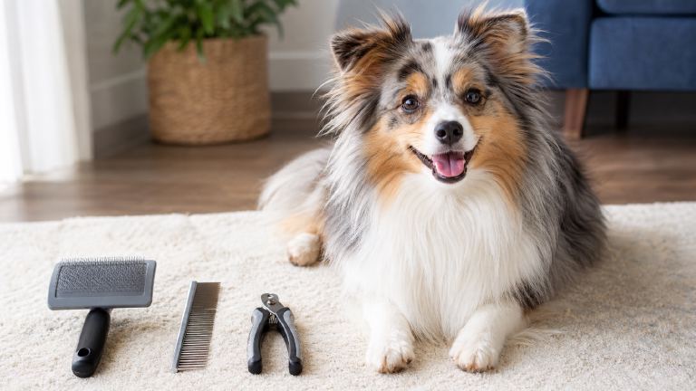 slicker brush, comb, and nail trimmers laid out beside a fluffy small dog