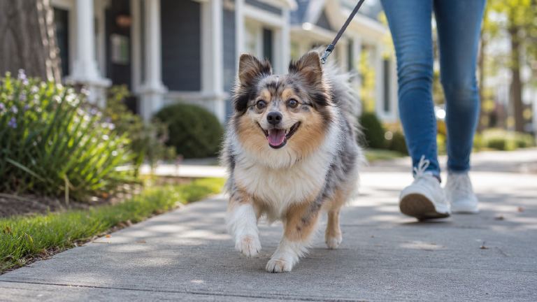 An Aussie Pom mid-stride on a leashed walk through a neighborhood