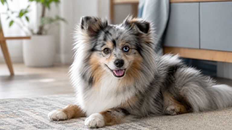 A blue merle Aussie Pom with one blue eye photographed in natural light