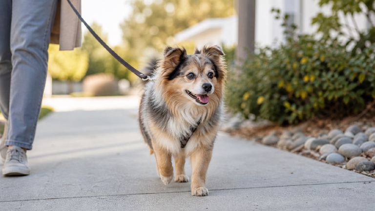 A trim senior Aussie Pom walking slowly on a leash in soft morning light