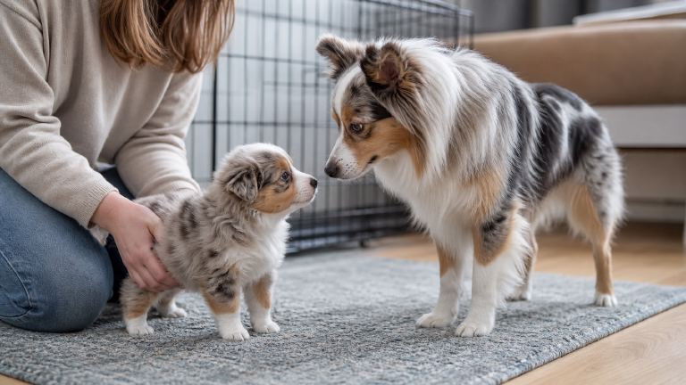 Aussie Pom puppy meeting its mother at the breeder's home