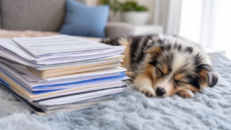 stack of health test results and vaccination records next to a sleeping puppy
