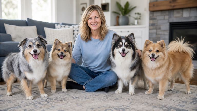 Adult dogs from a previous litter standing beside their breeder