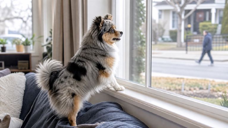 Small fluffy dog watching people pass by a front window