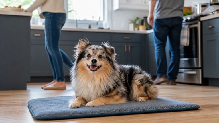 A small fluffy dog lying relaxed on a mat while people move around a kitchen