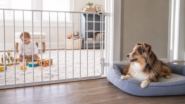 Baby gate separating a play area from a dog resting on its bed